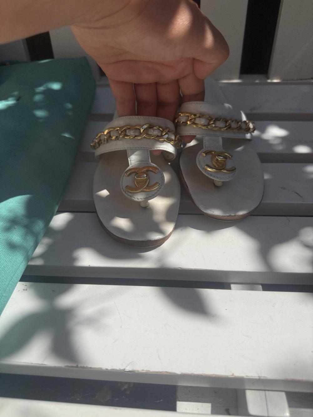 Vintage CHANEL White Leather Sandal with 24k Gold plated Chain and CC turnlock